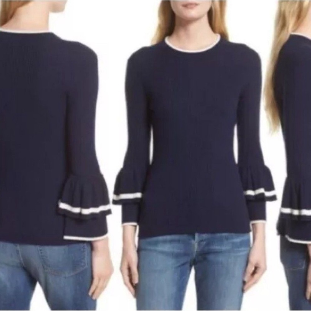 FRAME Ruffle-Cuff Rib-Knit Wool Sweater in Navy